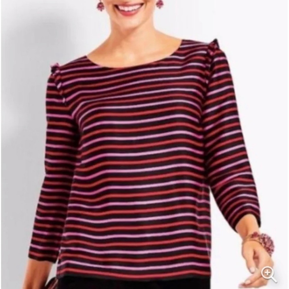 RSVP by TALBOTS Black Red & Pink Stripe Blouse Ruffle Sleeve Detail | 10